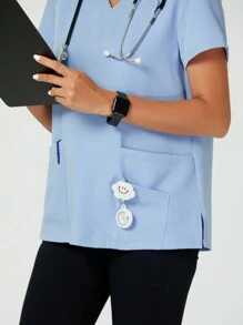 TaskEZ Shein Essnce Women Nurse Uniform Scrubs Summer Short Sleeve V-Neck Nursing Scrubs Top With 3 Pockets - Blue - View 5