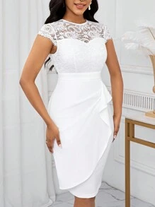 SHEIN Lady Wedding Guest Dress Lace Stitching Round Neck Unplanned Hem Women's Dress