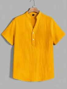HIMLAND Loose Fit Men's Solid Half Button Shirt, Old Money - Yellow - View 2