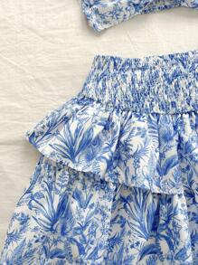 Soleia 度假風格：藍白條紋前扭花型胸衣上衣和分層蓬蓬裙組合，2件套 - 藍白色 - 查看 6