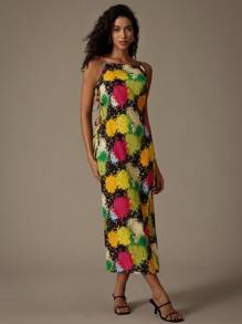 SHEIN Privé Random Printed Sexy Vacation Bodycon High Slit Tie Strap Cami Dress - Multicolor - View 3
