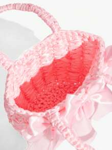 SHEIN ICON LADIES,WOMEN TOP HANDLE BAG,WOVEN BAG, FOR DATE,BIRTHDAY,DATE NIGHT,PARTY,FUNNY,PREPPY,CUTE,Y2K, Fashionable, Personality, Sweet And Cool Hot Girl, Bow Tie, Pink,Hand Crochet,Teenagers