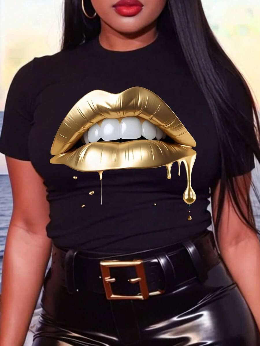 SHEIN CURVE+ Kortärmad T-shirt med guldläpptryck - Svart - Visa 1