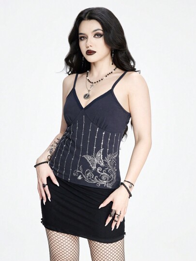 Goth Top de tanque para mujeres sin mangas estilo Vampire Gótico con mariposas, lentejuelas y bloqueo de color con cuentas, útil para cualquier ocasión.
