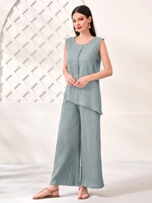 Mulvari Bộ đồ trên và dưới đơn giản màu trơn hàng ngày dành cho nữ - Xám - Xem 7