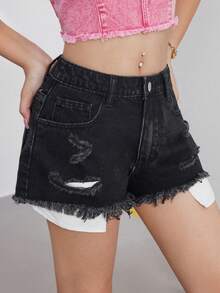 SHEIN กางเกงยีนส์ขาสั้นสีดำ Y2K ขาดสำหรับวัยรุ่นหญิง, กางเกงยีนส์ขาสั้นฮิปสเตอร์ขาดสำหรับฤดูร้อน - สีดำ - ดู 5