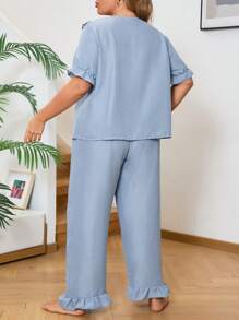 Plus Size Women's Solid Color Lace Decor Simple Daily Pajama Set - Dusty Blue - View 2