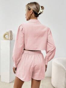 SHEIN Essnce 女士条纹衬衫+短裤两件套，商务装 - 淺粉色 - 查看 2