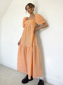 SHEIN Essnce Nữ Kẻ Sọc Nhiều Màu Sắc Tay Phồng Mùa Hè Hawaii Đầm Flowy Đầm Nước Đầm Phụ Nữ Mùa Hè Áo Bông Kẻ Đầm - trái cam - Xem 4