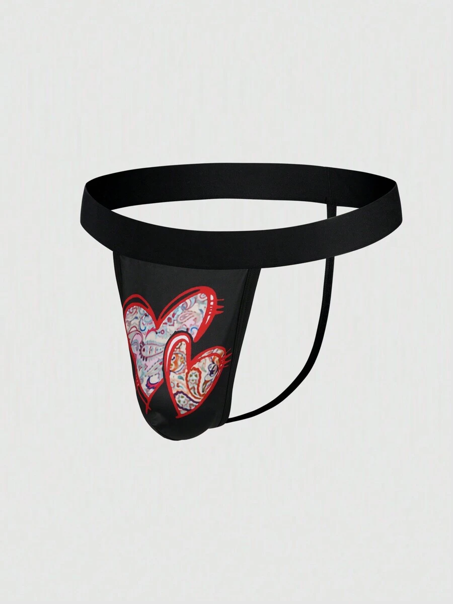 Men's Digital Printed Thong With Heart Pattern Sexy Underwear