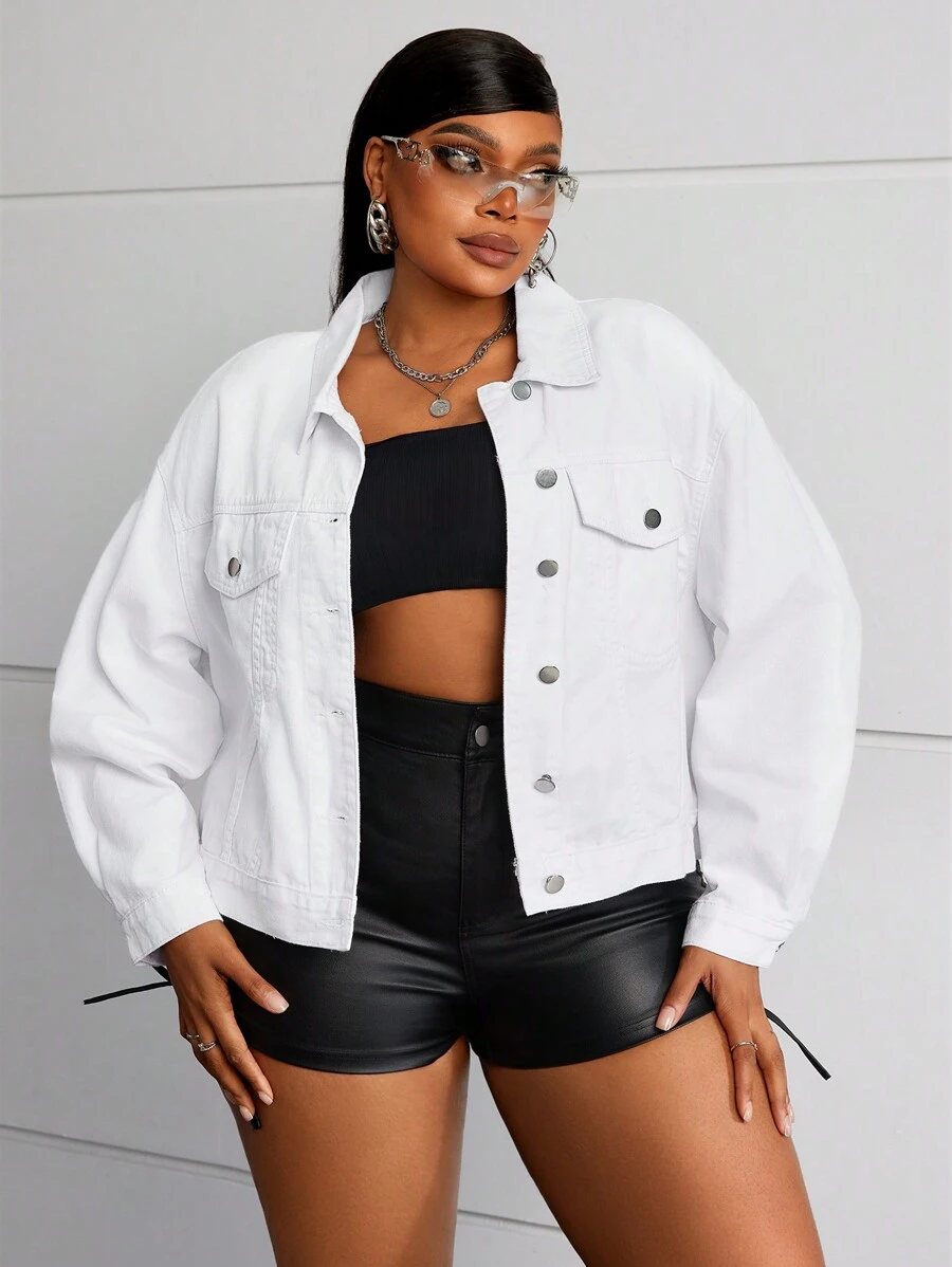 SHEIN SXY Plus Size Washed White Denim Jacket - White - View 1