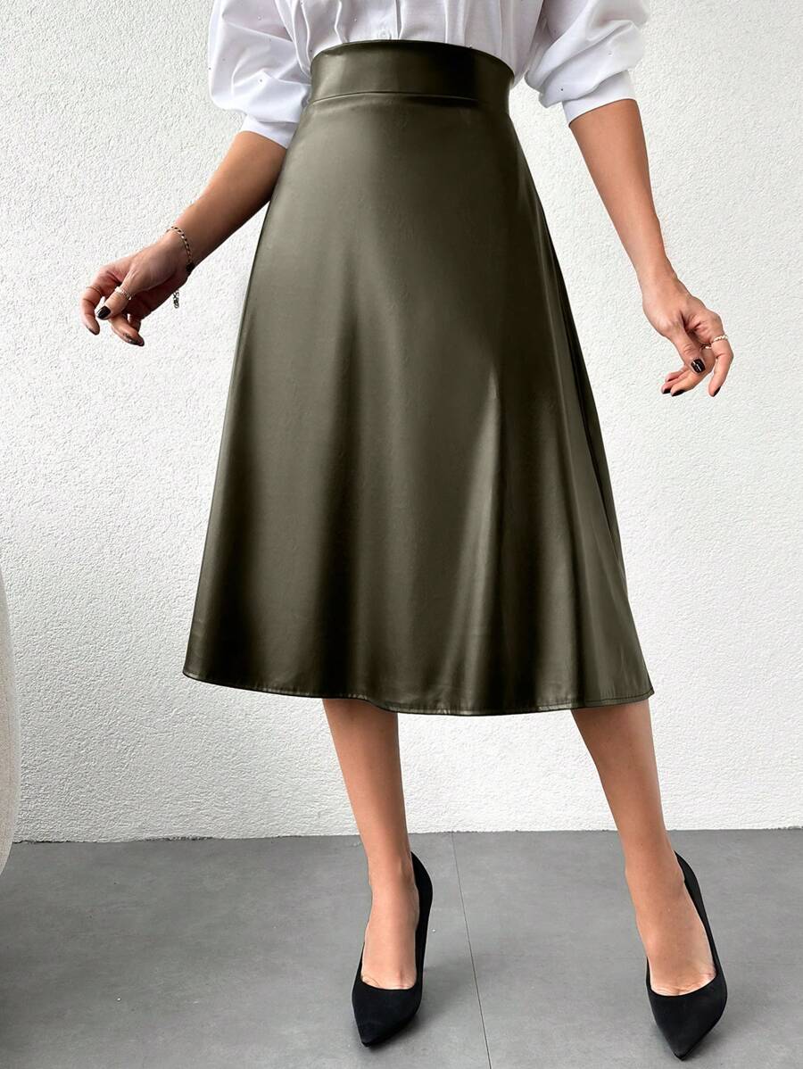 EURMUSE Women's Midi A-Line Skirt - Khaki - View 1