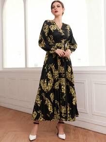 Modelyn 宮廷風圍巾圖案燈籠袖百褶洋裝