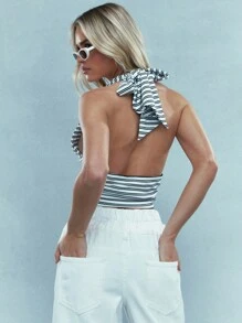 MISSGUIDED Backless Stripe Halter Crop Top - Black - View 2