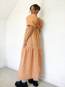 SHEIN Essnce Nữ Kẻ Sọc Nhiều Màu Sắc Tay Phồng Mùa Hè Hawaii Đầm Flowy Đầm Nước Đầm Phụ Nữ Mùa Hè Áo Bông Kẻ Đầm - trái cam - Xem 2