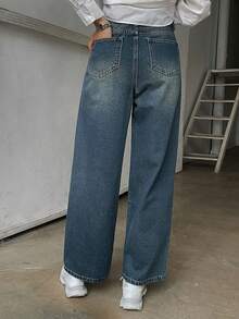 DAZY 女士休閒寬腿寬鬆牛仔褲，附有口袋 - 中等水洗藍 - 查看 6