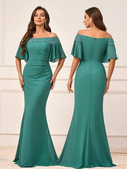 SHEIN Belle Women's Elegant And Romantic Dark Green Chiffon Fabric Water-Soluble Lace Lace Stickers Off Shoulder Ruffle Sleeves Gathered Fishtail Hem Suitable For Mothers To Attend Wedding Events Music Festivals Gatherings Mother's Day Women's Formal Bridesmaid Dresses