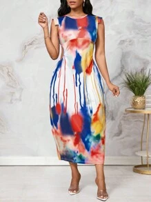 SHEIN Lady Vestido de damas con estampado tie-dye colorido con bolsillo, perfecto para conciertos de música country - Multicolor - Ver 5