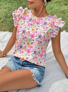 SHEIN VCAY 度假风波西米亚粉色浪漫花卉印花双层荷叶袖圆领女式可爱优雅休闲夏季娃娃衫 - 彩色 - 查看 7