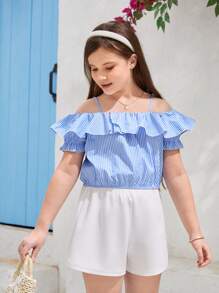 SHEIN Tween Girls' Loose Casual Ruffle Ruffled Top And Pants Set, Extended Size