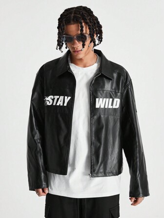 Manfinity RebelGame Men's Leather Printed English Pattern Jacket, For Fall Winter