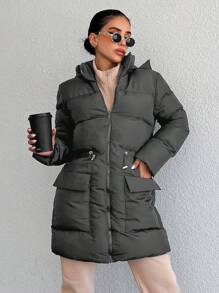 EURMUSE Flap Pocket Drawstring Waist Hooded Puffer Coat - Black - View 1