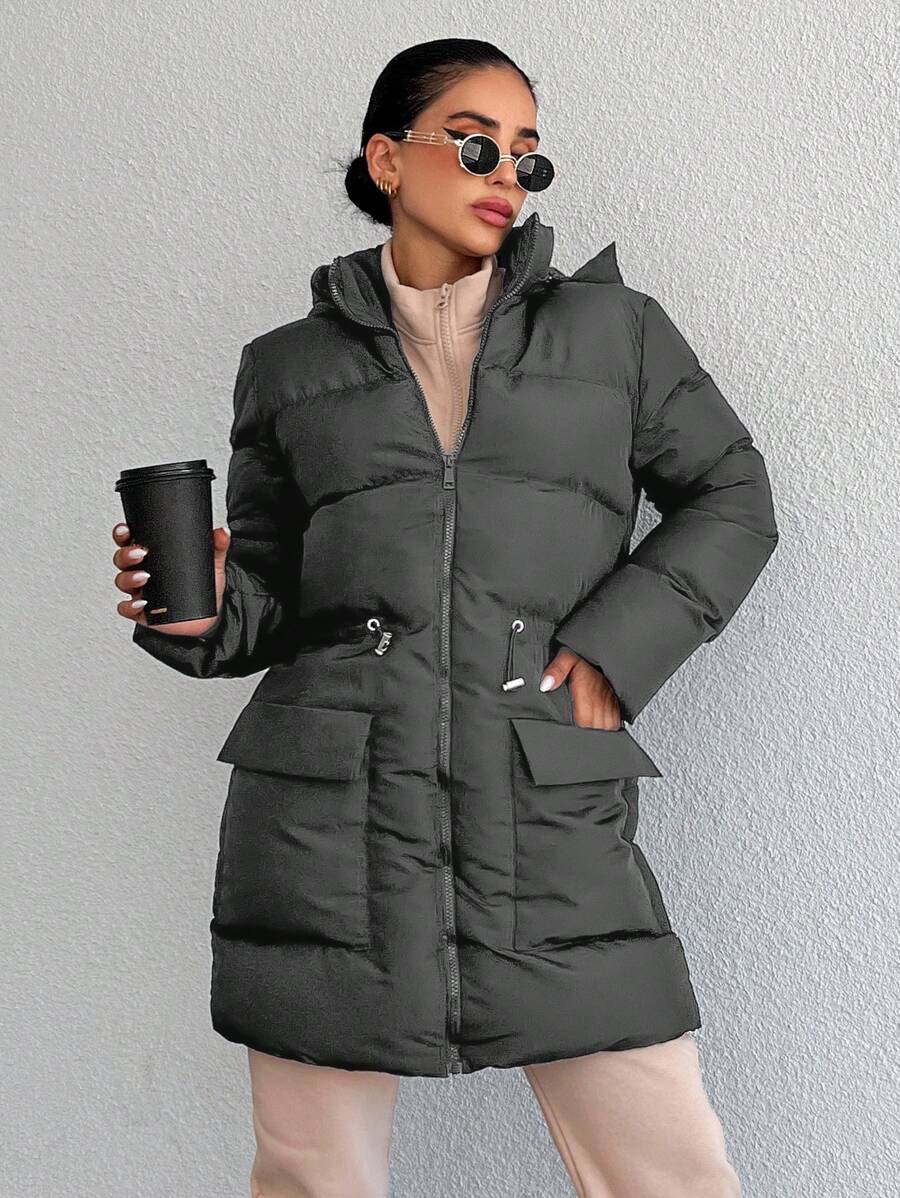 EURMUSE Flap Pocket Drawstring Waist Hooded Puffer Coat - Black - View 1
