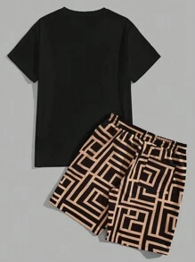Manfinity VCAY Men's Summer Cartoon Bear Printed Round Neck Short Sleeve Casual T-Shirt And Drawstring Waist Shorts Set
