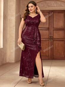 Vestido de fiesta largo con escote de corazón, todo forrado de lentejuelas, con volantes y abertura, vestido de invitada de boda, vestido de noche formal