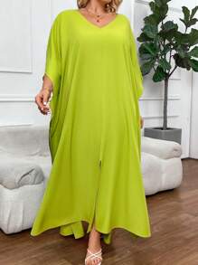 SHEIN CURVE+ فستان يومي بسيط بموحد اللون للسيدات بمقاس كبير - أخضر - مشاهدة 6