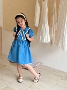 SHEIN Vestido Casual Estilo Faculdade com Colarinho de Borboleta Azul para Meninas - Azul - Visão 5