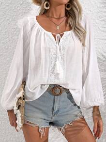 Lunelith SHEIN Lunessa Lace Patchwork Tassel Tie Vacation Lantern Sleeve Blouse Fall Cloth For Women