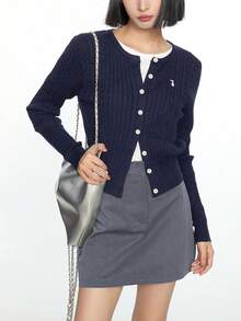 Cárdigan de punto sencillo y casual con cuello redondo y botones delanteros lisos para mujer - Azul Marino - Ver 4