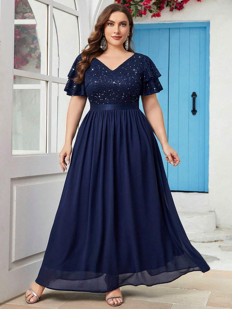 Đầm dạ hội cỡ lớn, cổ chữ V, đính sequin, tay áo cánh bướm, chất liệu chiffon phối màu tương phản, phù hợp cho khách dự đám cưới, sinh nhật, tiệc chiêu đãi, lễ hội và các dịp khác.