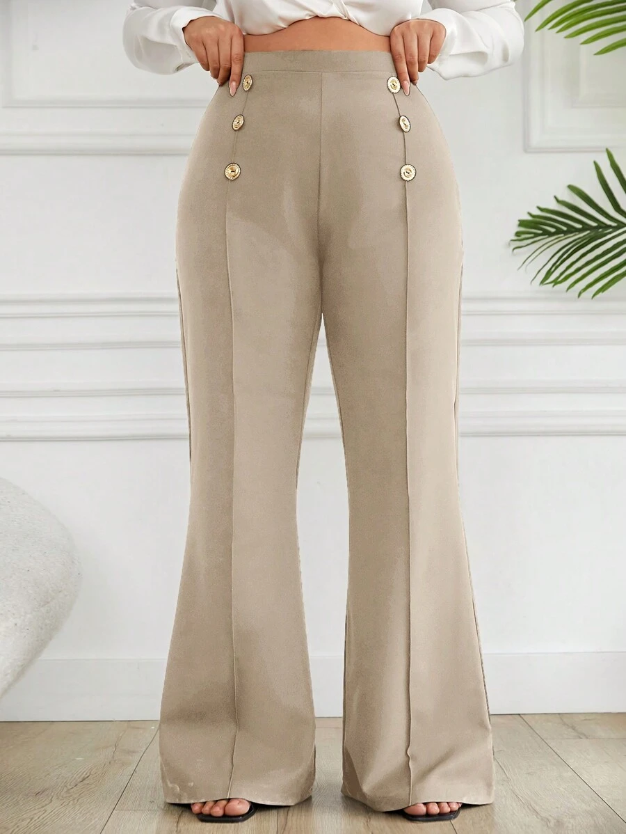 SHEIN Cottnline Plus Size Double Breasted Decorative Flared Trousers - Beige - View 1