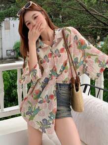 DAZY 女士宽松短袖碎花衬衫，教师假期 - 粉色 - 查看 8