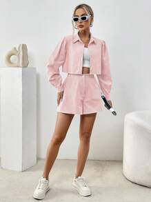 SHEIN Essnce 女士条纹衬衫+短裤两件套，商务装 - 淺粉色 - 查看 5