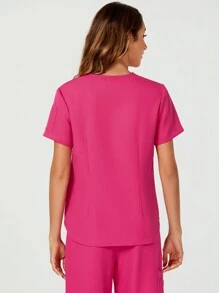 TaskEZ Shein Essnce Women Nurse Uniform Scrubs Summer  Casual Solid Color Short Sleeve Scrub Top With 3 Pockets & Matte Finish V-Neck - Hot Pink - View 8