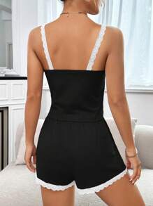 SHEIN Bộ đồ ngủ và quần short viền ren màu tương phản dành cho nữ - màu đen - Xem 2