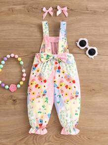 SHEIN Baby Girl Cute Floral Patchwork Jumpsuit With Detachable Bowknot For Summer - Multicolor - View 2