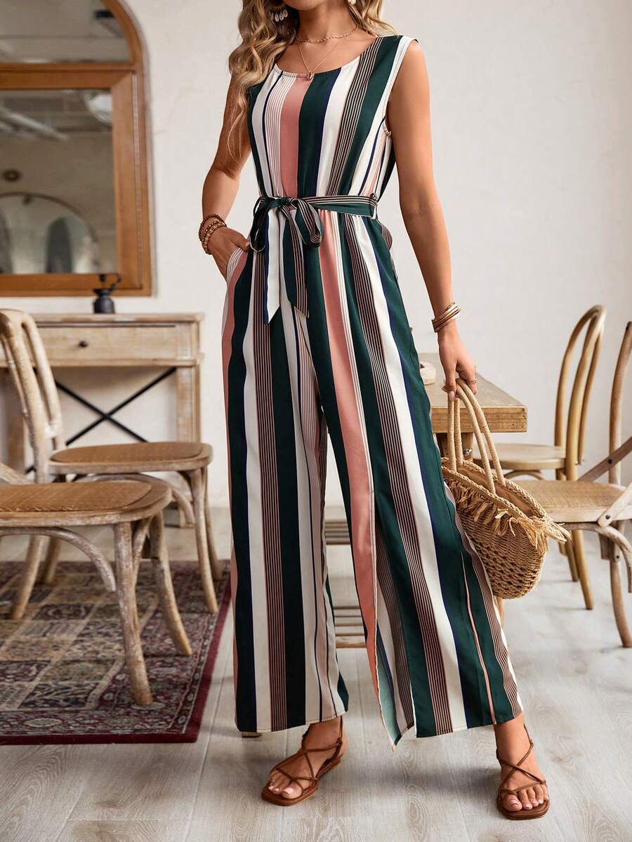 Color Block Striped Sleeveless Jumpsuit For Leisure Vacation - Army Green - View 1
