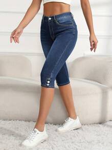 Women's Casual Stretch Skinny Cropped Jeans - 深色水洗藍 - 查看 1