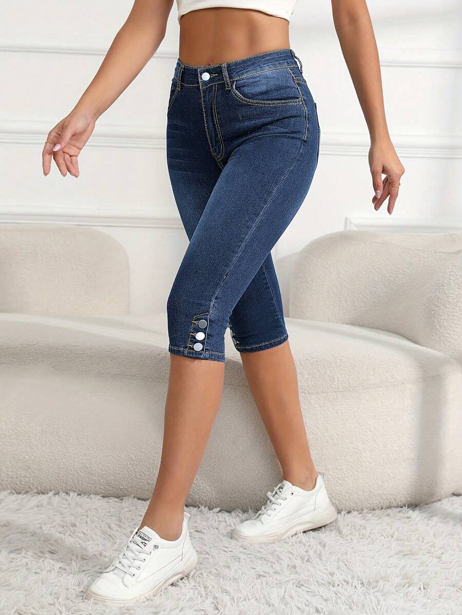 Women's Casual Stretch Skinny Cropped Jeans - 深色水洗藍 - 查看 1