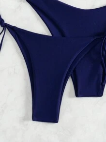 SHEIN Swim 3pcs Women's Solid Color Halter Halter Sexy Bikini Set For Summer Beach, Including Separated Bikini Set - Navy Blue - View 5