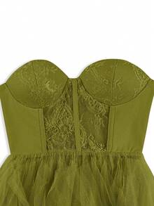 Faeriesty 飘逸奢华网纱拼接高开衩无肩带正式礼服，适合万圣节 - 橄欖綠 - 查看 9