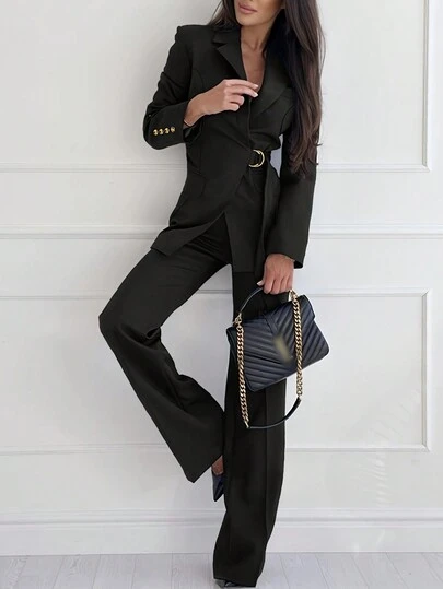 Women's Solid Color Jacket And Pants Suit Set, Fashionable For Spring And Autumn