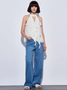 Maija Áo cánh trắng hở lưng nhún bèo không tay, trang phục đi biển cho phụ nữ vào kỳ nghỉ hè - trắng - Xem 6