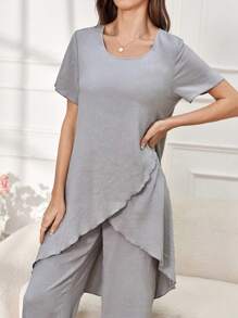 Seusyu Ladies' Solid Color Simple Casual Short Sleeve Top And Long Pants Set, Daily Wear - Grey - View 1