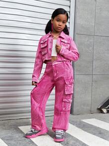 SHEIN Explorewe Conjunto de roupa de vento e Denim legal e fofo para meninas pré-adolescentes - Rosa chiclete - Visão 7