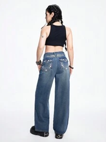 ROMWE Grunge Punk Star Wing Vine Embroidered Rhinestone Wide Leg Jeans For Women - Blue - View 5